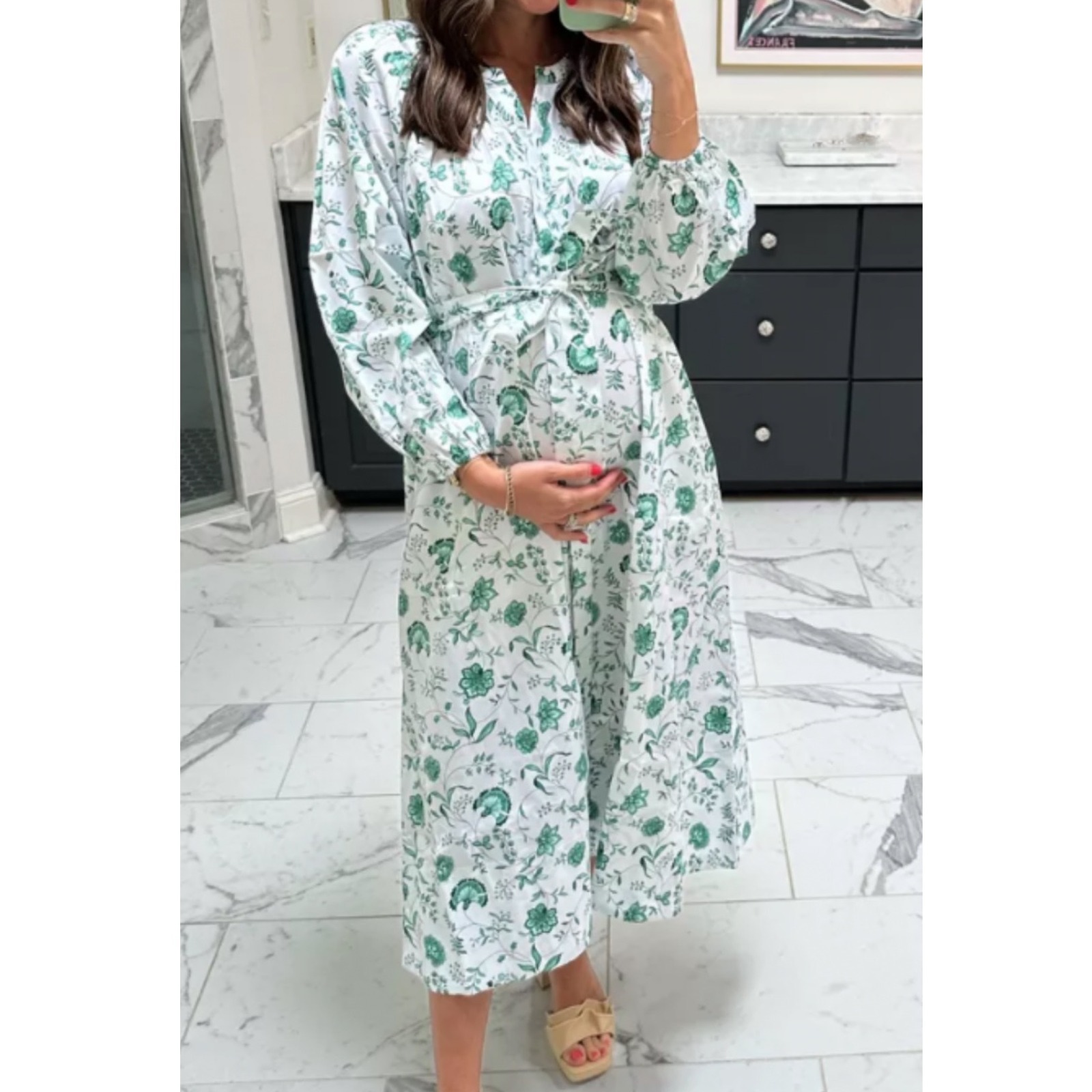 New Lake Pajamas Green Floral Patio Brunch Dress Pockets Bump Meadow Vines L — image 7 of 7
